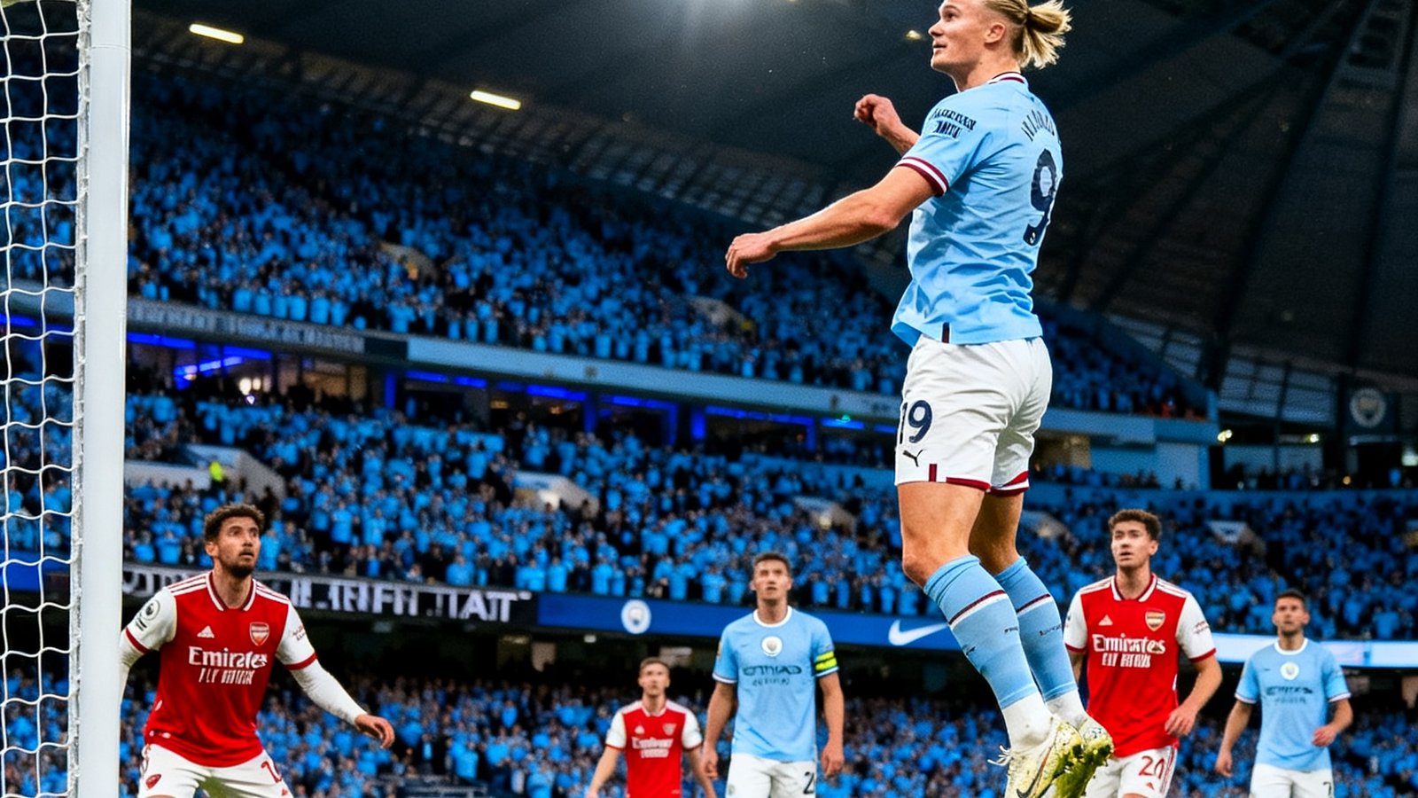 英超第22轮曼城对阵阿森纳的比赛精彩瞬间，哈兰德在禁区内高高跃起头球攻门，背景是伊蒂哈德球场满座的蓝色海洋