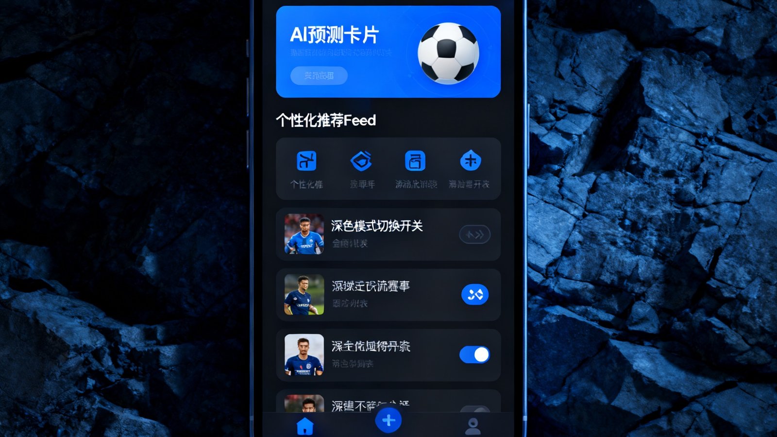 看球直播App4.0版本更新界面展示，手机屏幕上显示全新设计的首页布局，包含AI预测卡片、个性化推荐Feed和深色模式切换开关